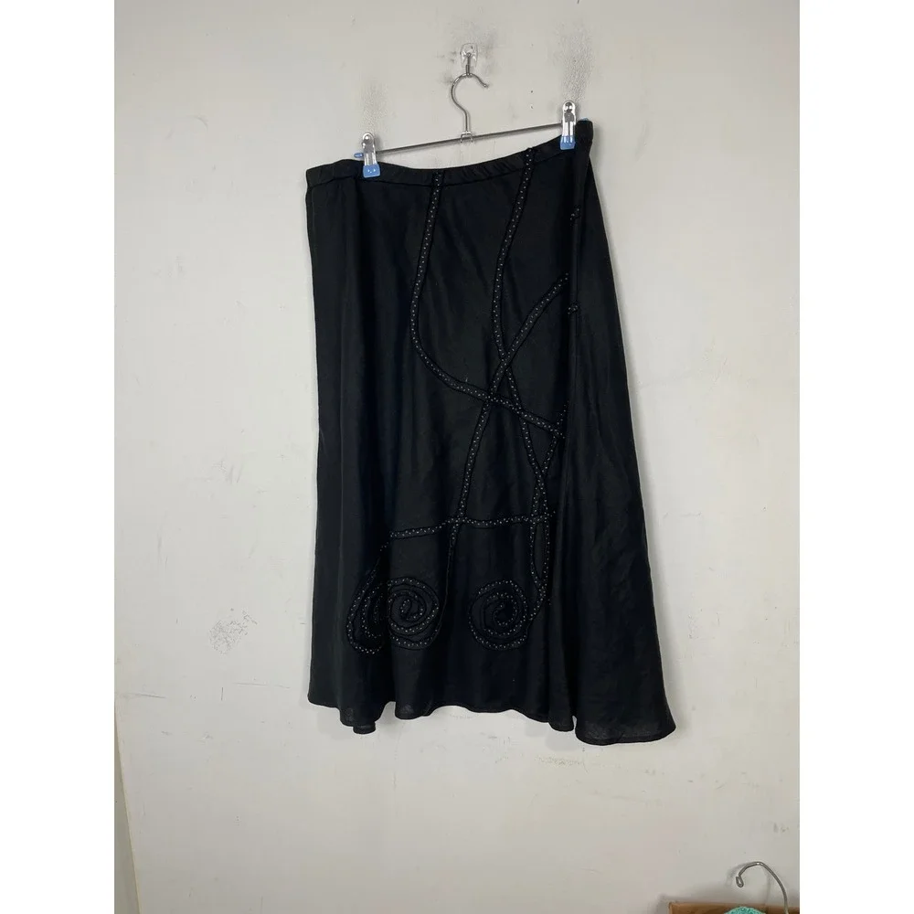 JM Collection Petite Black 100% Linen Beaded Soutache Midi Skirt Womens 16P‎